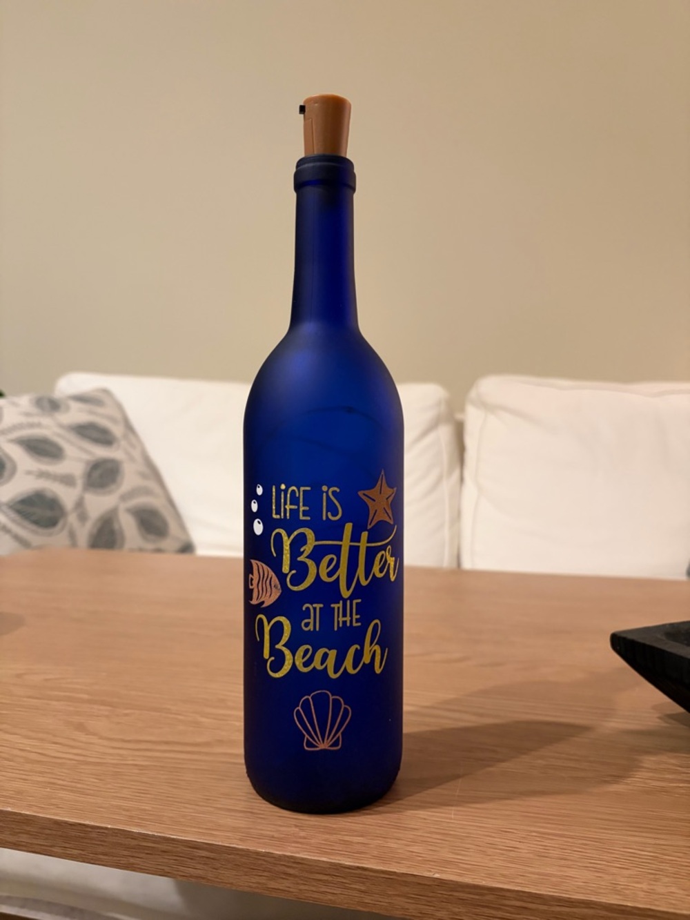 Blue Decorative Bottle with 'Life Is Better at the Beach' Gold Script